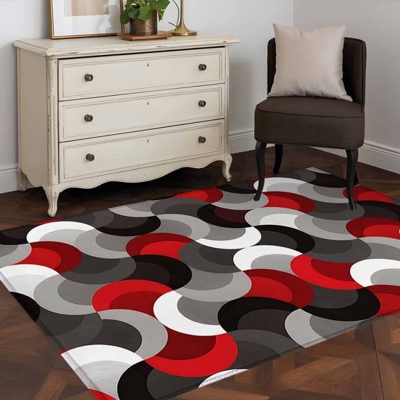 Area Rug 48×72in, Geometric Red Black Gray Stripes Floor Carpet Living Room Rug, Mid Century Abstract Art Non-Slip Welcome Mat Indoor Rugs for Bedroom Dining Room