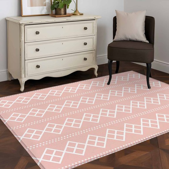 Area Rug 48×72in, Geometric White Dot Square on Pink Floor Carpet Living Room Rug, Abstract Modern Checkered Non-Slip Welcome Mat Indoor Rugs for Bedroom Dining Room