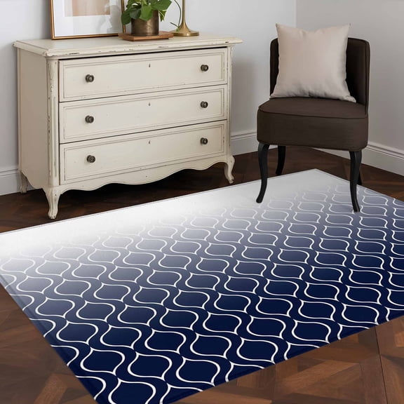 Area Rug 48×72in, Gradient Navy Blue White Grid Floor Carpet Living Room Rug, Geometric Minimalist Style Non-Slip Welcome Mat Indoor Rugs for Bedroom Dining Room