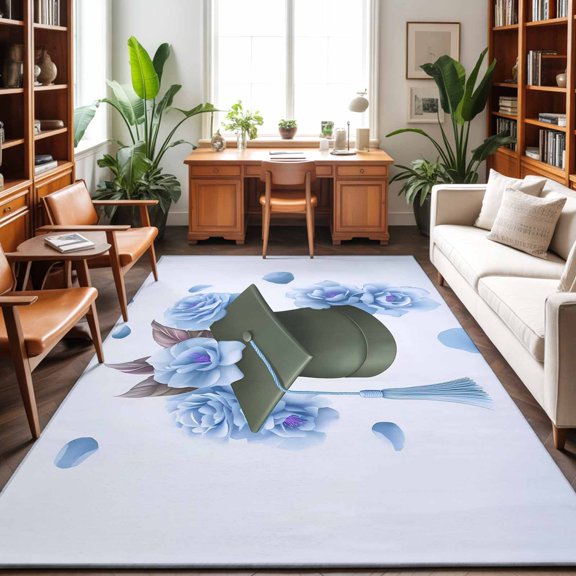 Area Rug 48×72in, Graduation Cap Flowers Roses Floor Carpet Living Room Rug, Blue Background Non-Slip Welcome Mat Indoor Rugs for Bedroom Dining Room