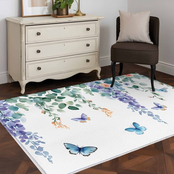 Area Rug 48×72in, Green Eucalyptus Leaf Butterfly Floor Carpet Living Room Rug, Purple Lavender Floral on White Non-Slip Welcome Mat Indoor Rugs for Bedroom Dining Room