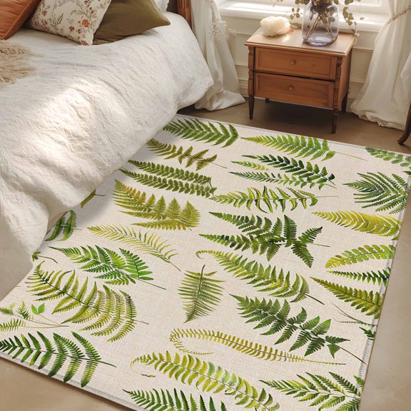 Area Rug 48×72in, Green Fern Plant Botanical Leaves Floor Carpet Living Room Rug, Watercolor Foliage on Linen Non-Slip Welcome Mat Indoor Rugs for Bedroom Dining Room