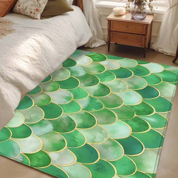 Area Rug 48×72in, Green Mermaid Scales Floor Carpet Living Room Rug, Abstract Gold Wave Line Non-Slip Welcome Mat Indoor Rugs for Bedroom Dining Room