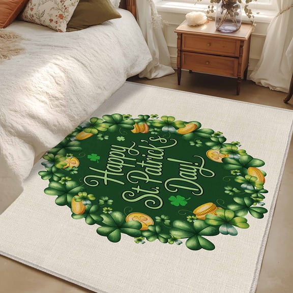 Area Rug 48×72in, Green Shamrock Gold Floor Carpet Living Room Rug, St. Patrick's Day Theme Linen Style Non-Slip Welcome Mat Indoor Rugs for Bedroom Dining Room