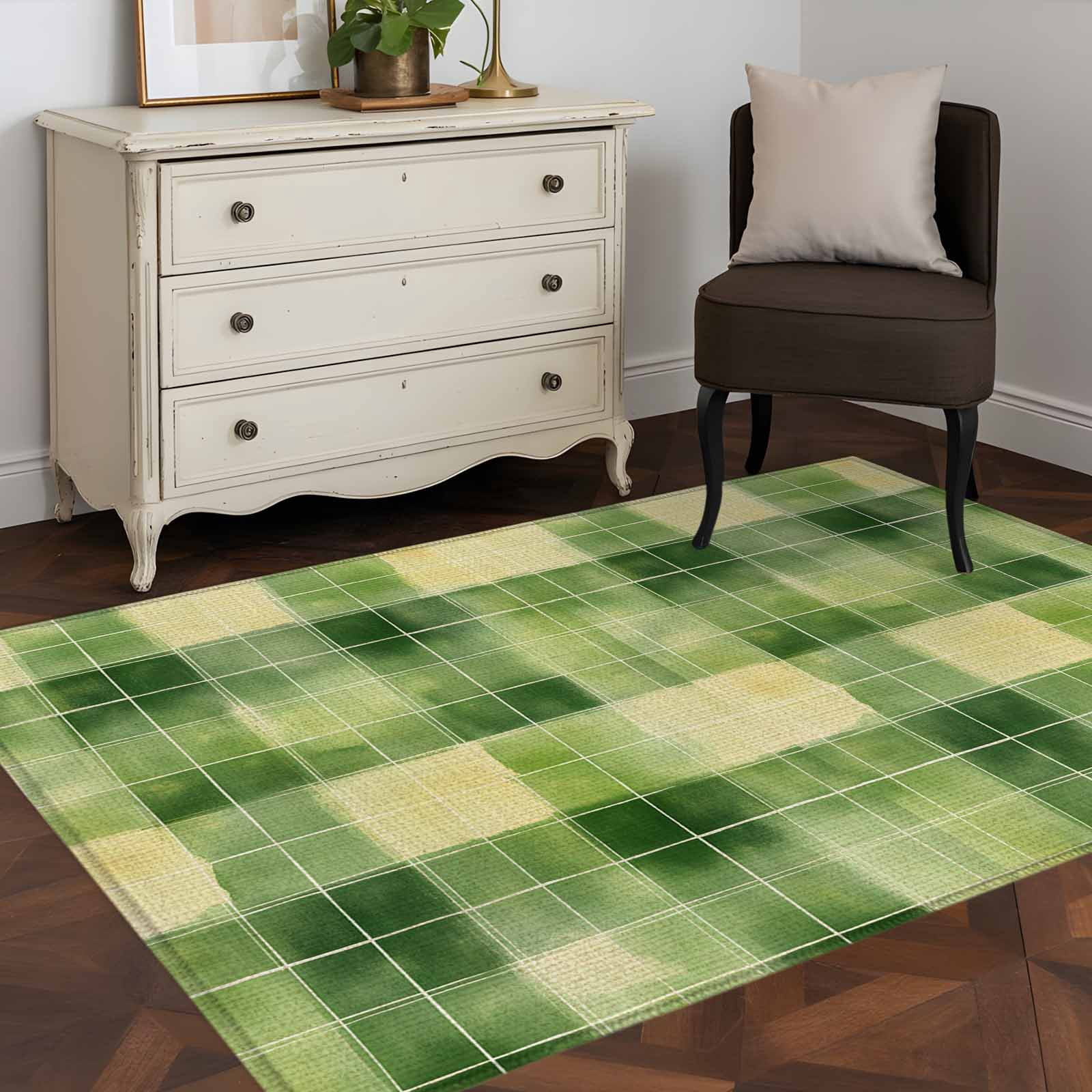 Area Rug 48×72in, Green Yellow Gingham Plaid on Linen Floor Carpet ...