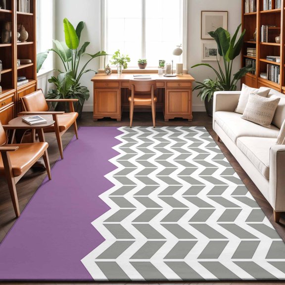 Area Rug 48×72in, Grey White Arrow Chevron Striped Floor Carpet Living Room Rug, Purple Non-Slip Welcome Mat Indoor Rugs for Bedroom Dining Room