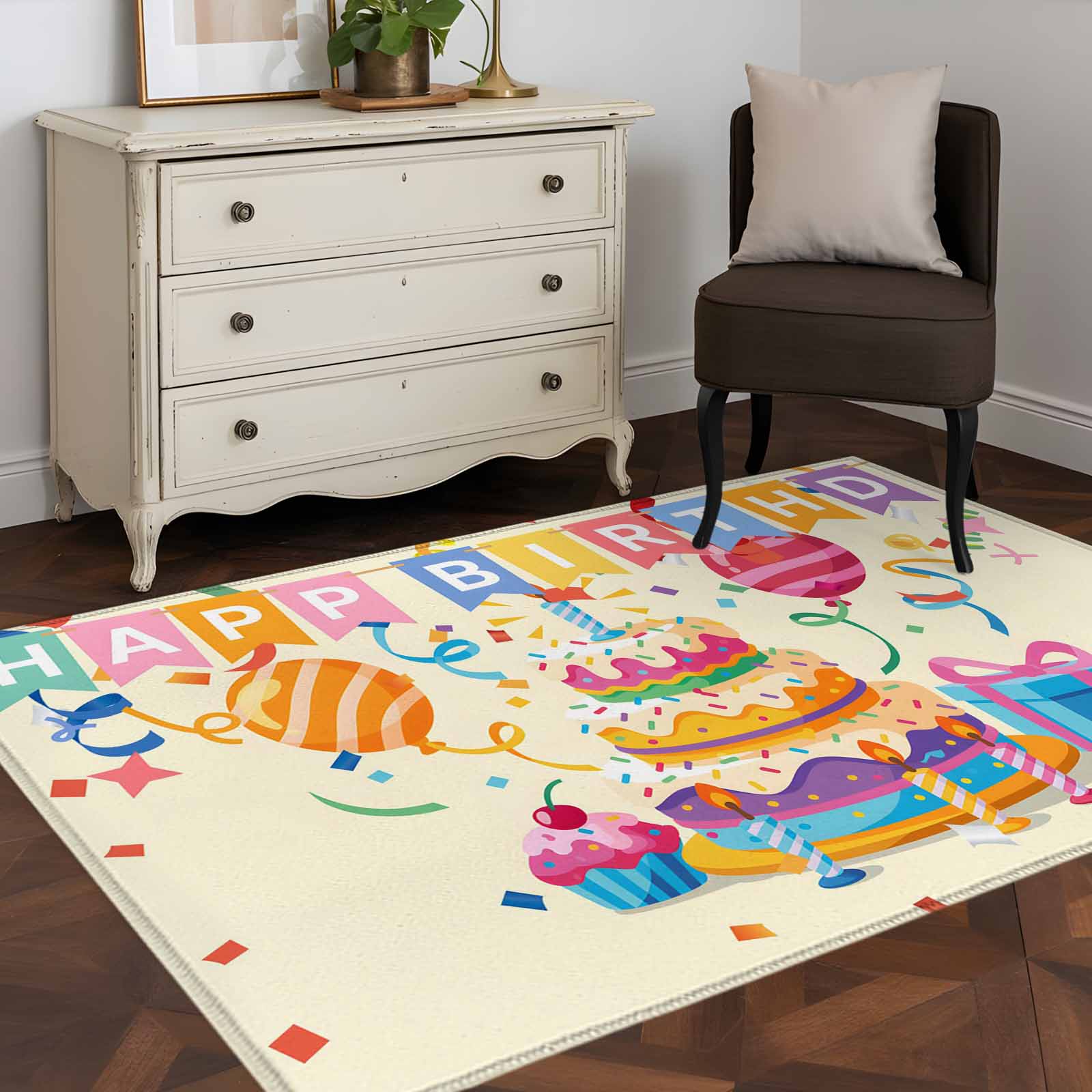 Celebration Rug Area Rug 48×72in, Happy Birthday Cake Balloon Firework Floor Carpet ...