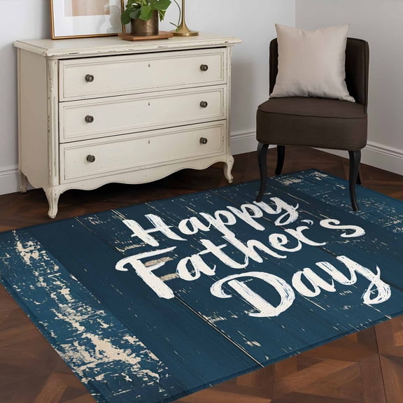 Area Rug 48×72in, Happy Father's Day Quote Wood Floor Carpet Living Room Rug, Retro Navy Blue Wooden Plank Non-Slip Welcome Mat Indoor Rugs for Bedroom Dining Room
