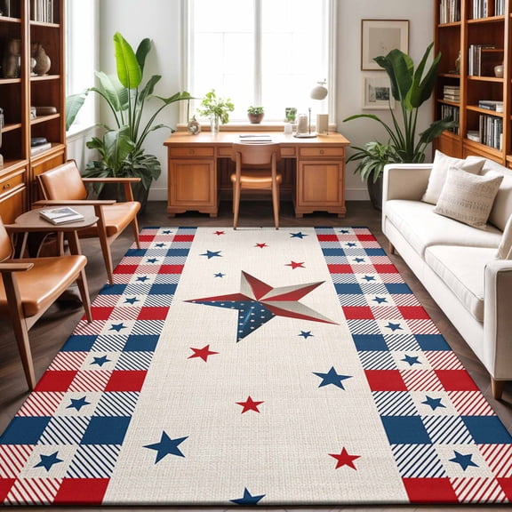 Area Rug 48×72in, Independence Day Flag Star on Cotton Floor Carpet Living Room Rug, Buffalo Plaid Border Non-Slip Welcome Mat Indoor Rugs for Bedroom Dining Room