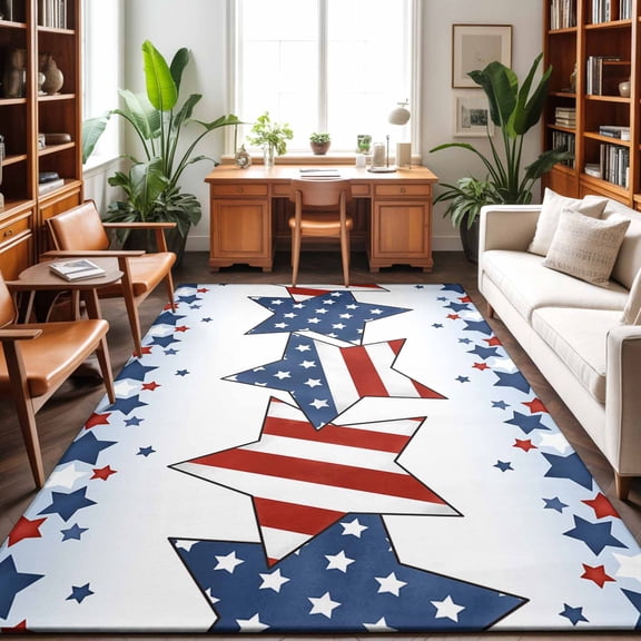 Area Rug 48×72in, Independence Day Pentagram Red Stripe Star Seamless Floor Carpet Living Room Rug, Blue Gradient Non-Slip Welcome Mat Indoor Rugs for Bedroom Dining Room