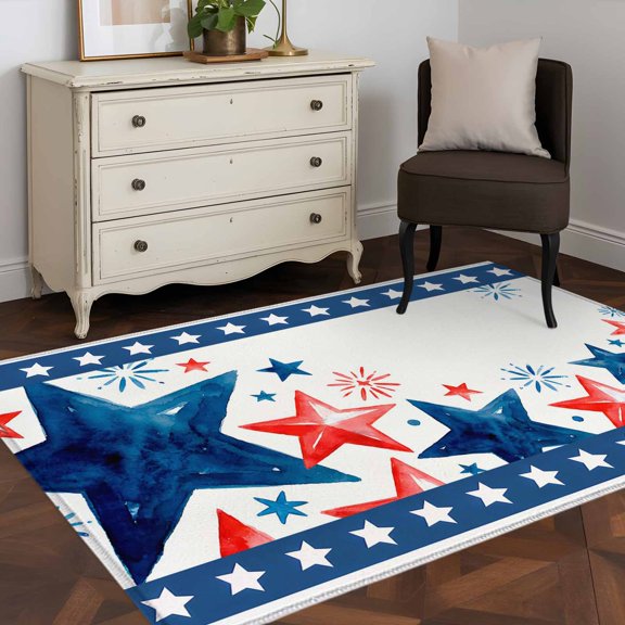 Area Rug 48×72in, Independence Day Star Fireworks Floor Carpet Living Room Rug, Red Blue Pentagram Non-Slip Welcome Mat Indoor Rugs for Bedroom Dining Room