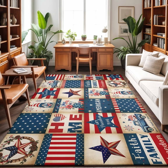 Area Rug 48×72in, Independence Day Texas Stars Floor Carpet Living Room Rug, USA Flag Blue Farm Car Non-Slip Welcome Mat Indoor Rugs for Bedroom Dining Room