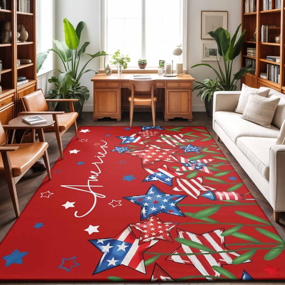 Area Rug 48×72in, Independence Day USA Flag Floor Carpet Living Room Rug, American Star on Red Non-Slip Welcome Mat Indoor Rugs for Bedroom Dining Room