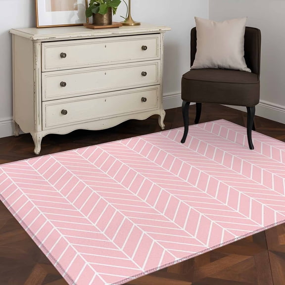 Area Rug 48×72in, Minimalist Geometric Pink White Floor Carpet Living Room Rug, Herringbone Texture Non-Slip Welcome Mat Indoor Rugs for Bedroom Dining Room