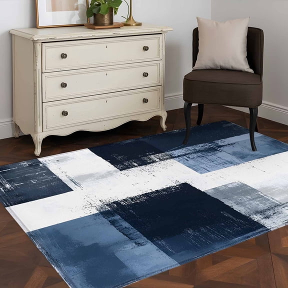 Area Rug 48×72in, Modern Art Navy Blue White Color Block Floor Carpet Living Room Rug, Modern Abstract Painting Non-Slip Welcome Mat Indoor Rugs for Bedroom Dining Room