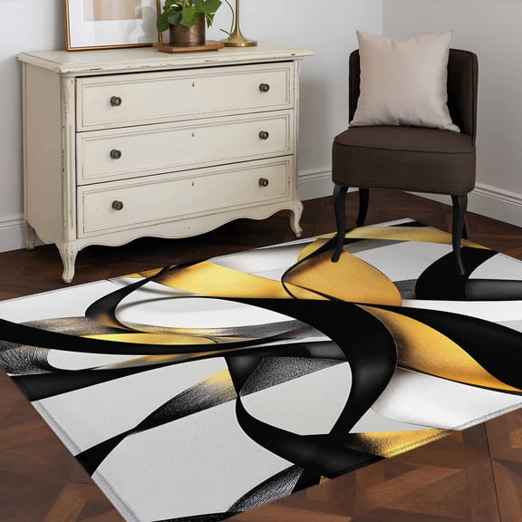Area Rug 48×72in, Modern Geometric Stripe Texture Floor Carpet Living Room Rug, Abstract Gold Black White Line Non-Slip Welcome Mat Indoor Rugs for Bedroom Dining Room
