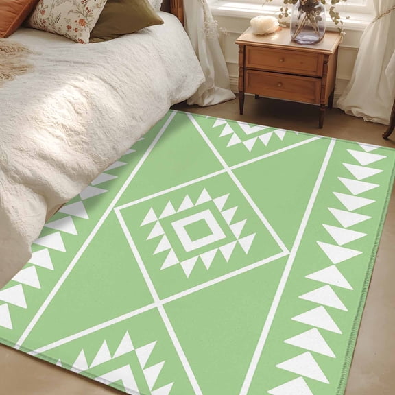 Area Rug 48×72in, Modern Green White Geometric Art Floor Carpet Living Room Rug, Ethnic Tribal Triangle Non-Slip Welcome Mat Indoor Rugs for Bedroom Dining Room
