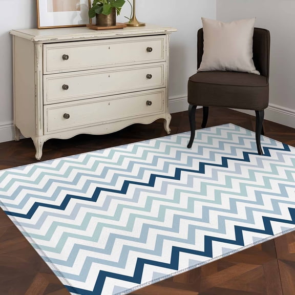 Area Rug 48×72in, Nautical Blue Herringbone Floor Carpet Living Room Rug, Abstract Geometric Wavy Lines Non-Slip Welcome Mat Indoor Rugs for Bedroom Dining Room