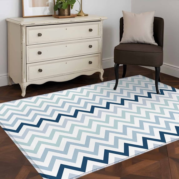 Area Rug 48×72in, Nautical Blue Herringbone Floor Carpet Living Room Rug, Abstract Geometric Wavy Lines Non-Slip Welcome Mat Indoor Rugs for Bedroom Dining Room