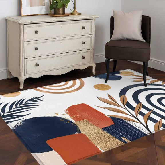 Area Rug 48×72in, Nordic Abstract Leaves Arch Sun Floor Carpet Living Room Rug, Terracotta Aesthetic Color Block Non-Slip Welcome Mat Indoor Rugs for Bedroom Dining Room