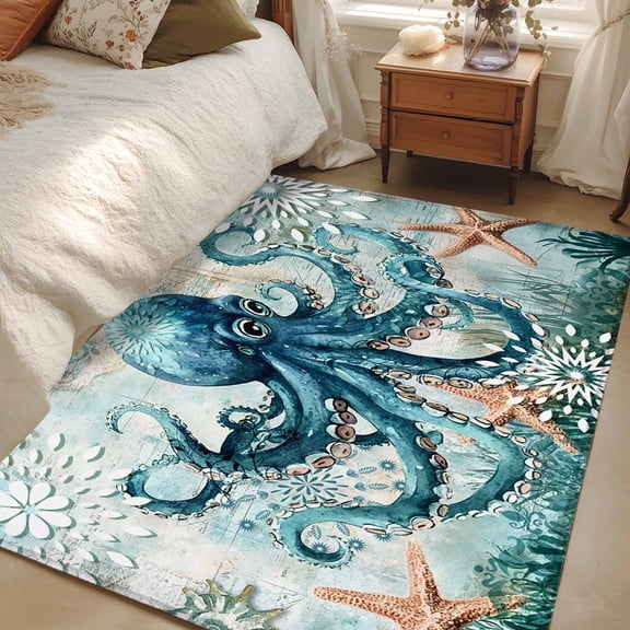 Area Rug 48×72in, Ocean Octopus Starfish Monster Floor Carpet Living Room Rug, Sea Coral Vintage Map Non-Slip Welcome Mat Indoor Rugs for Bedroom Dining Room