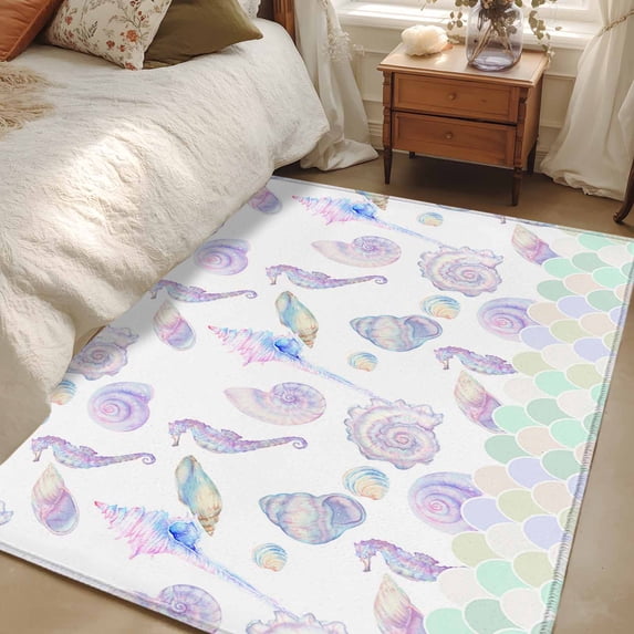 Area Rug 48×72in, Ocean Seahorse Conch Shell Floor Carpet Living Room Rug, Underwater World Mermaid Scale Gradient Non-Slip Welcome Mat Indoor Rugs for Bedroom Dining Room