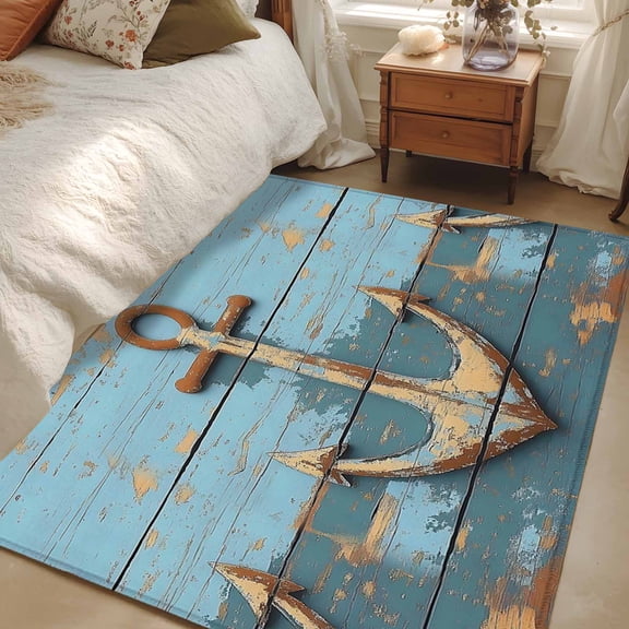 Area Rug 48×72in, Old Ship Anchor on Wood Grain Floor Carpet Living Room Rug, Nautical Farm Blue Planks Non-Slip Welcome Mat Indoor Rugs for Bedroom Dining Room