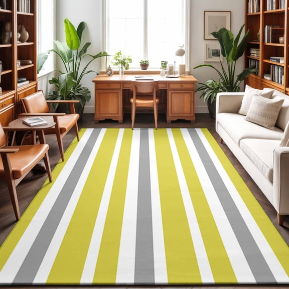 Area Rug 48×72in, Olive Green Grey White Striped Floor Carpet Living Room Rug, Simplistic Line Non-Slip Welcome Mat Indoor Rugs for Bedroom Dining Room