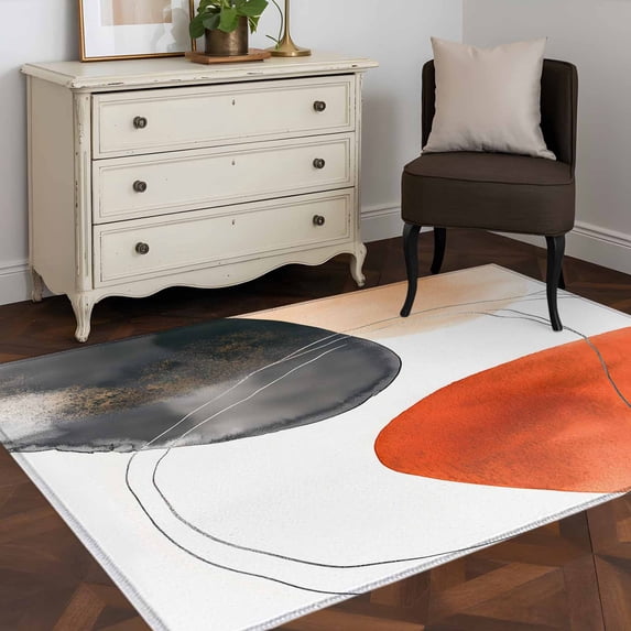 Area Rug 48×72in, Orange Color Block Abstract Geometric Floor Carpet Living Room Rug, Boho Nordic Style Non-Slip Welcome Mat Indoor Rugs for Bedroom Dining Room