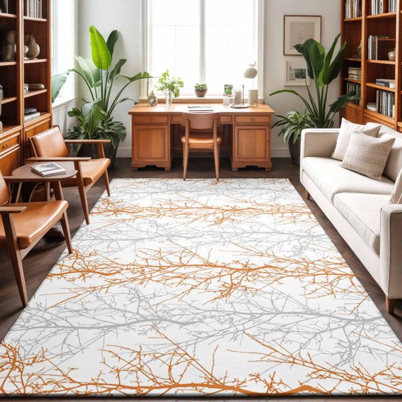 Area Rug 48×72in, Orange Gray Branches Seamless Floor Carpet Living Room Rug, Simple Country Plant White Non-Slip Welcome Mat Indoor Rugs for Bedroom Dining Room