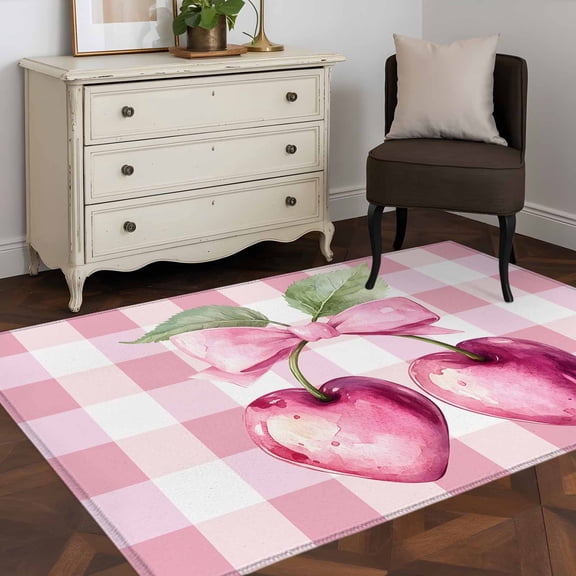Area Rug 48×72in, Pastoral Pink Heart Cherry Floor Carpet Living Room Rug, Farm Bow Fruit White Plaid Non-Slip Welcome Mat Indoor Rugs for Bedroom Dining Room