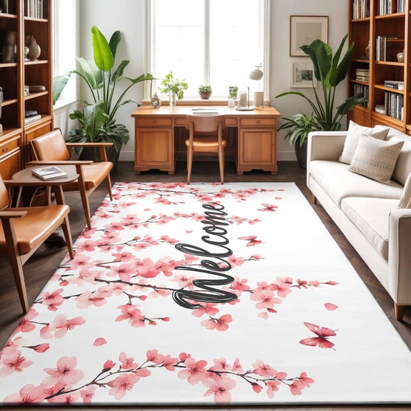 Area Rug 48×72in, Pink Flower Welcome Quote Floor Carpet Living Room Rug, Watercolor Floral on White Non-Slip Welcome Mat Indoor Rugs for Bedroom Dining Room