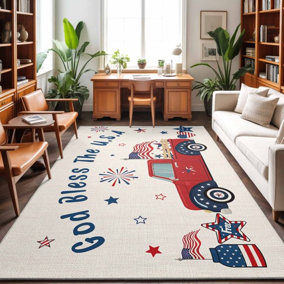 Area Rug 48×72in, Red Car Stripes and Stars American Flag Independence Day Floor Carpet Living Room Rug, Pentagram Love Heart Linen Non-Slip Welcome Mat Indoor Rugs for Bedroom Dining Room