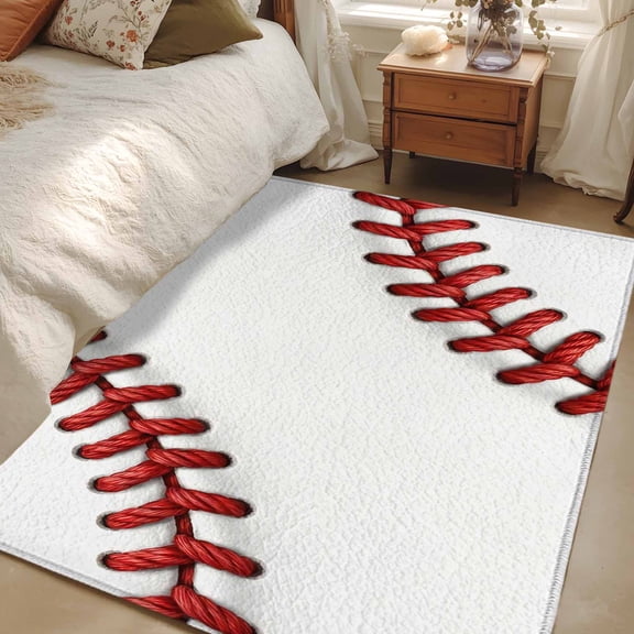 Area Rug 48×72in, Red White Baseball Stitching Texture Floor Carpet Living Room Rug, Sport Theme Non-Slip Welcome Mat Indoor Rugs for Bedroom Dining Room