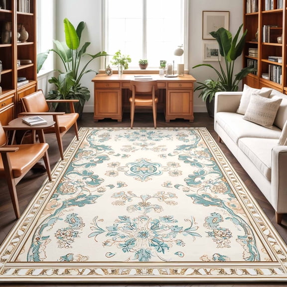 Area Rug 48×72in, Retro Bohemia Tribal Flower Border Floor Carpet Living Room Rug, Western Farmhouse Non-Slip Welcome Mat Indoor Rugs for Bedroom Dining Room