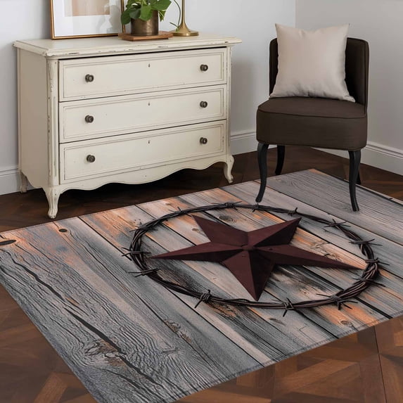 Area Rug 48×72in, Retro Country Texas Western Star Floor Carpet Living Room Rug, Rustic Vintage Wood Plank Non-Slip Welcome Mat Indoor Rugs for Bedroom Dining Room