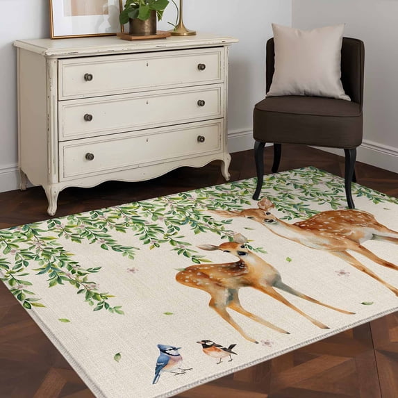 Area Rug 48×72in, Retro Deer Birds on Retro Linen Floor Carpet Living Room Rug, Watercolor Leaves Non-Slip Welcome Mat Indoor Rugs for Bedroom Dining Room