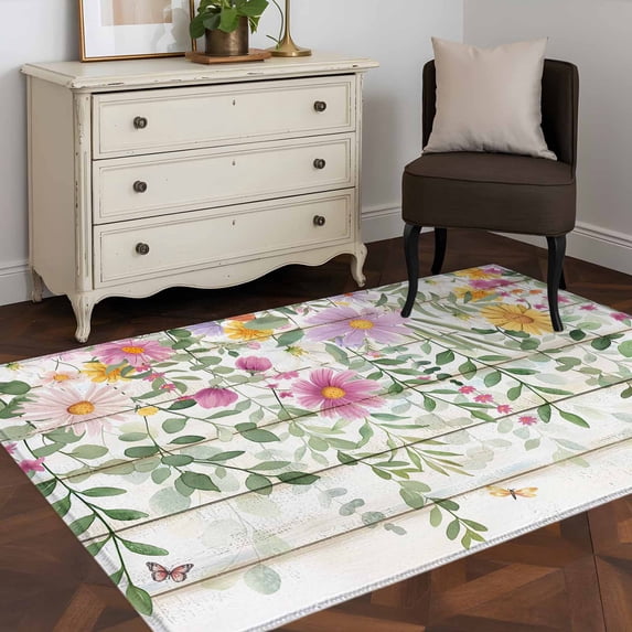 Area Rug 48×72in, Retro Floral Plant Leaves Floor Carpet Living Room Rug, Farm Flowers on Grey Wood Grain Non-Slip Welcome Mat Indoor Rugs for Bedroom Dining Room
