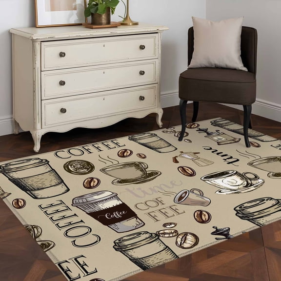 Area Rug 48×72in, Retro Sketch Coffee Set Bean with Quote Floor Carpet Living Room Rug, Aromatic Drink on Khaki Non-Slip Welcome Mat Indoor Rugs for Bedroom Dining Room