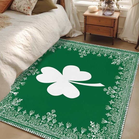 Area Rug 48×72in, Retro St. Patrick's Day Celtic Knots Shamrock Leaves Floor Carpet Living Room Rug, Green Non-Slip Welcome Mat Indoor Rugs for Bedroom Dining Room