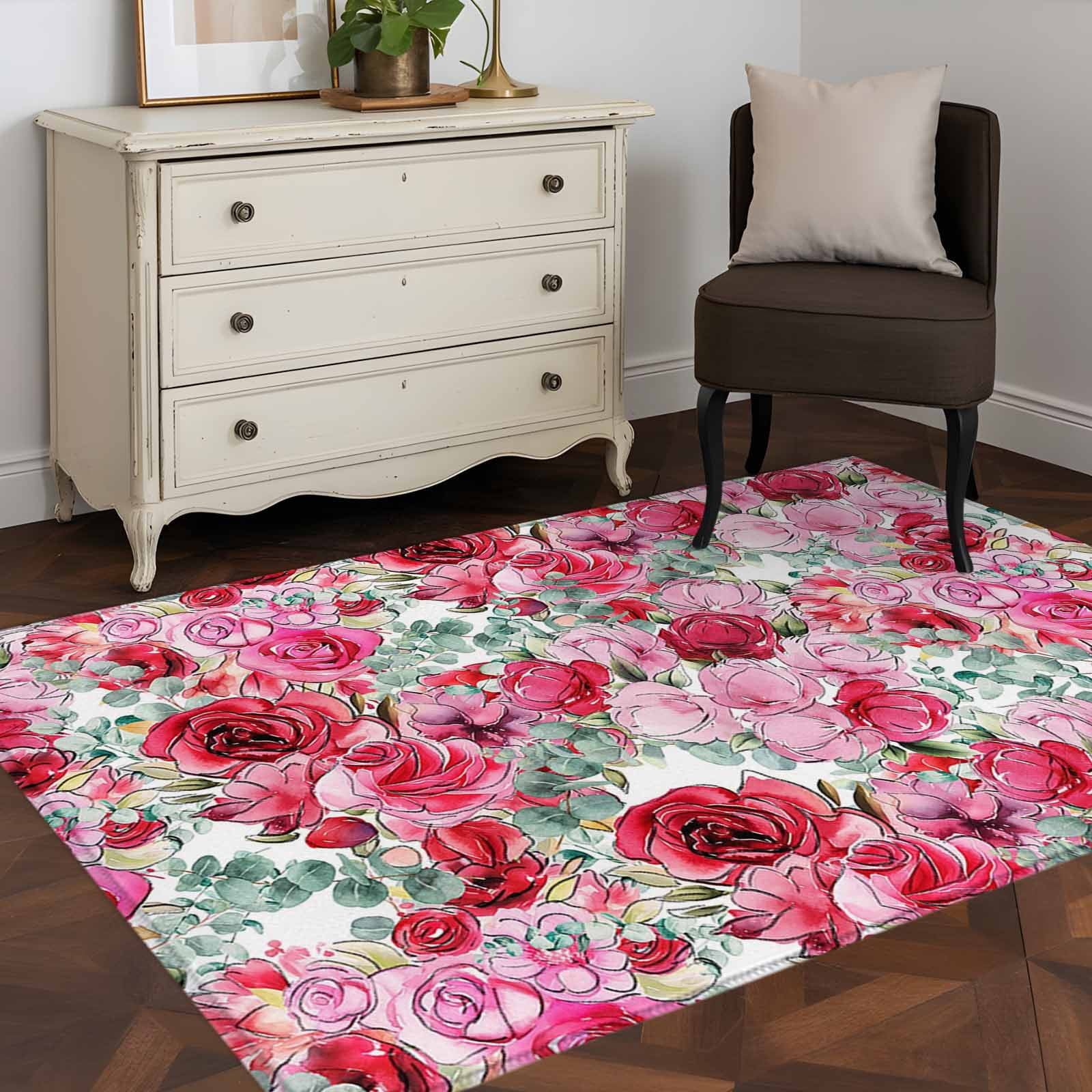 Area Rug 48×72in, Rose Flower Valentine's Day Eucalyptus Leaf Floor ...
