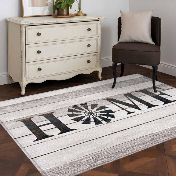 Area Rug 48×72in, Rustic Farm Windmill HOME Quotes Floor Carpet Living Room Rug, Chic Wooden Plank Non-Slip Welcome Mat Indoor Rugs for Bedroom Dining Room