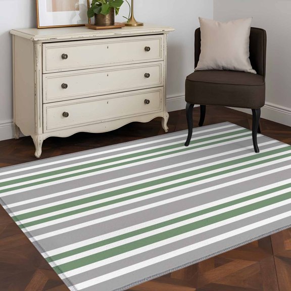 Area Rug 48×72in, Sage Green Grey Horizontal Stripes Floor Carpet Living Room Rug, Monochromatic Tones Line Non-Slip Welcome Mat Indoor Rugs for Bedroom Dining Room