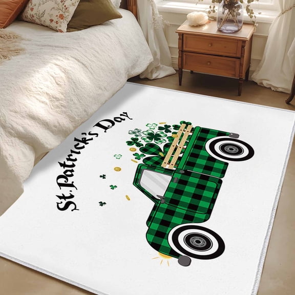 Area Rug 48×72in, Saint Patrick's Day Farm Truck and Shamrock Floor Carpet Living Room Rug, Buffalo Checker Non-Slip Welcome Mat Indoor Rugs for Bedroom Dining Room