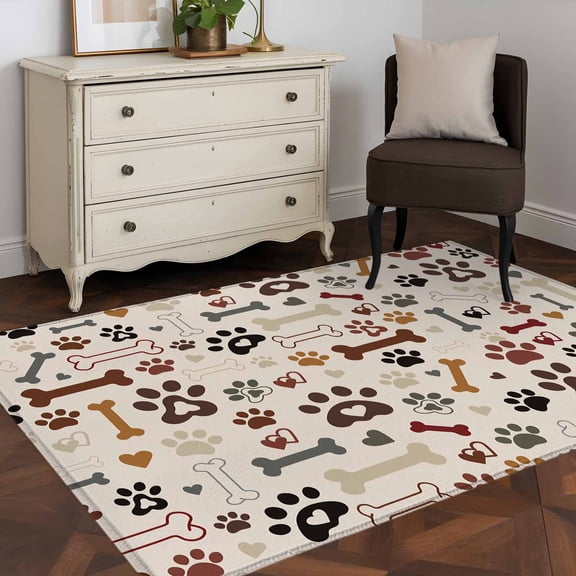 Area Rug 48×72in, Seamless Dog Paw Bone Texture Floor Carpet Living Room Rug, Pet Claw Love Heart on Khaki Non-Slip Welcome Mat Indoor Rugs for Bedroom Dining Room