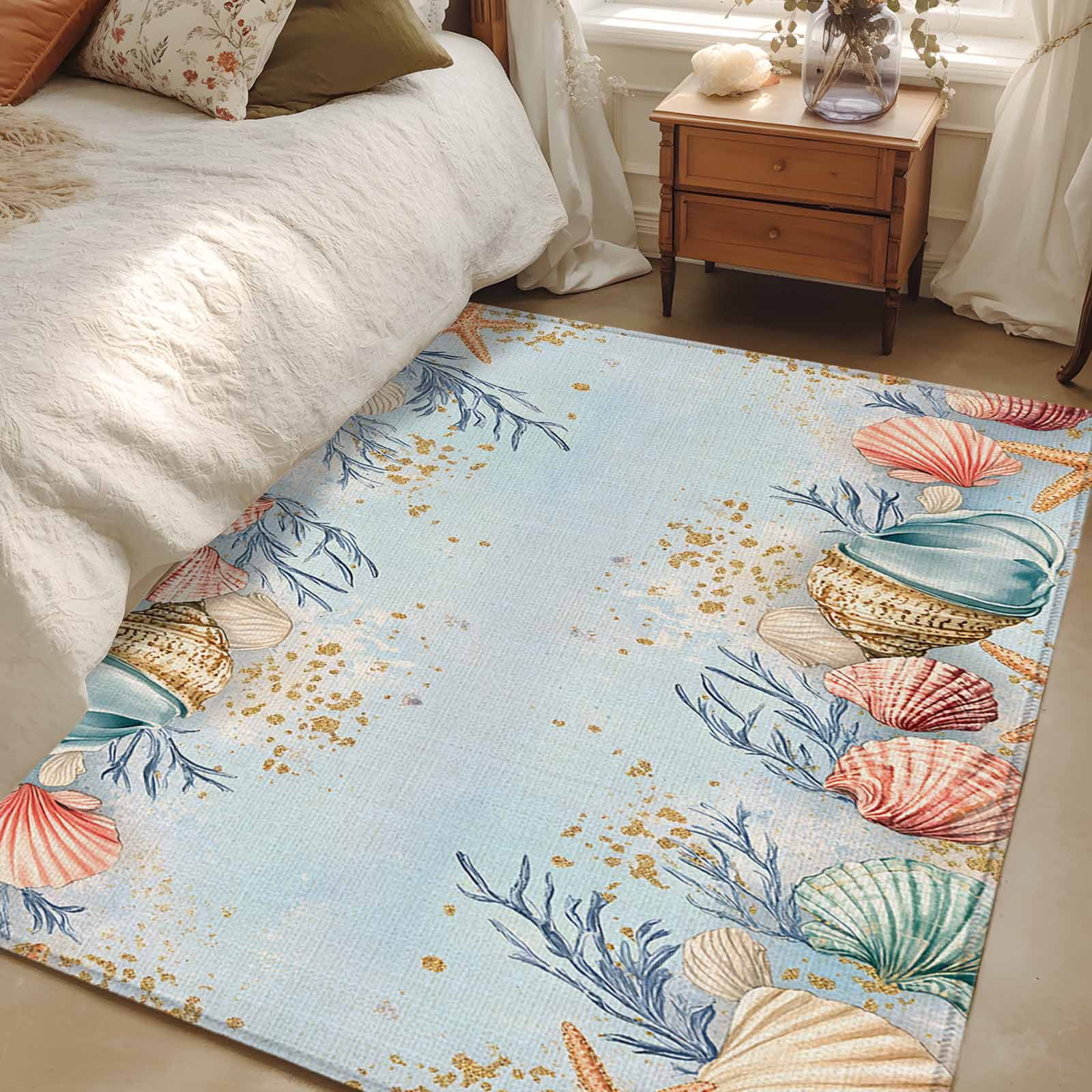 Area Rug 48×72in, Seaside Beach Watercolor Shell Floor Carpet Living ...