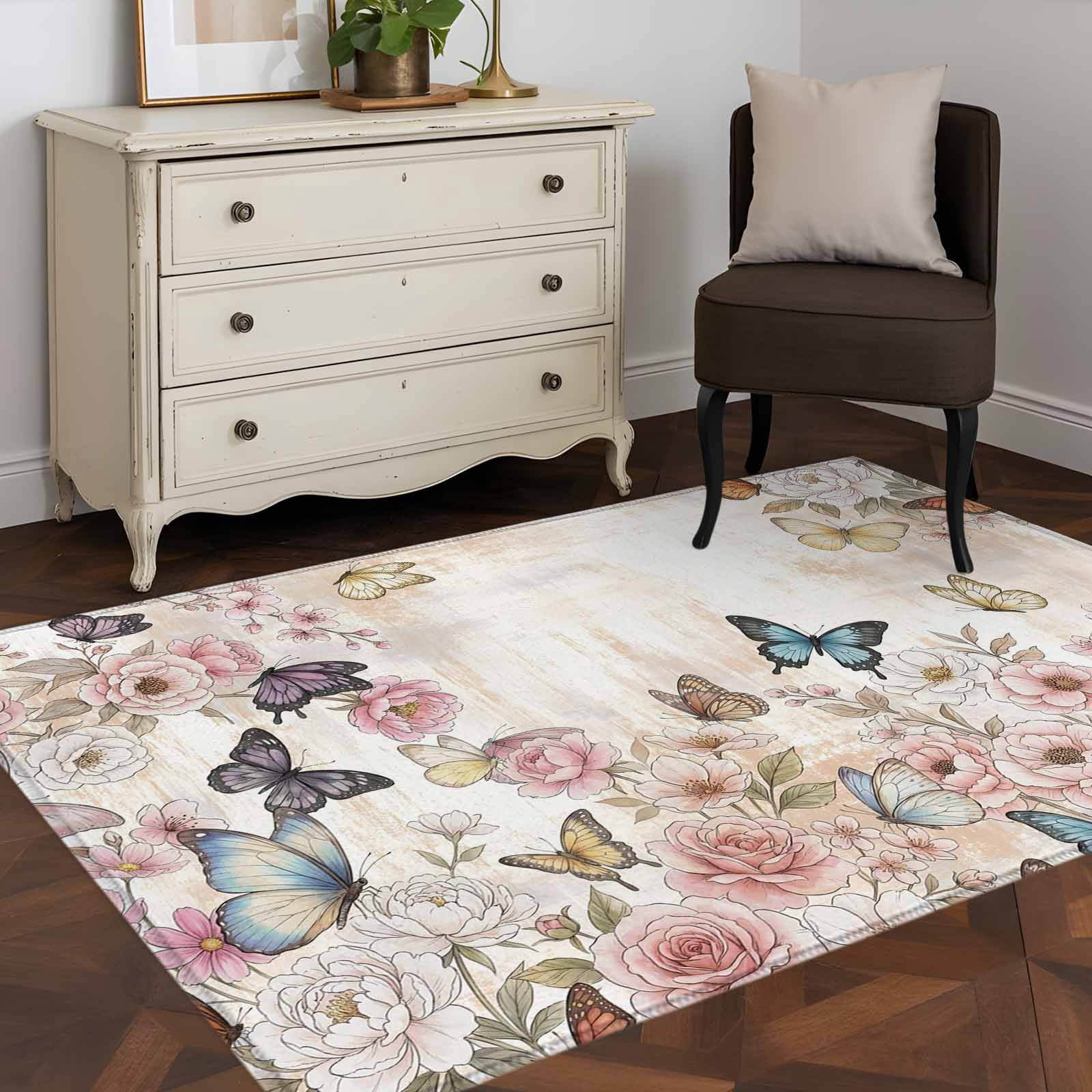 Area Rug 48×72in, Spring Blossom Flower Butterfly Floor Carpet Living ...