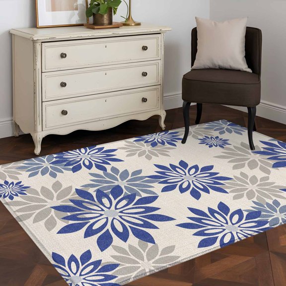 Area Rug 48×72in, Spring Country Daisy Retro Linen Floor Carpet Living Room Rug, Navy Blue Grey Wildflower Non-Slip Welcome Mat Indoor Rugs for Bedroom Dining Room