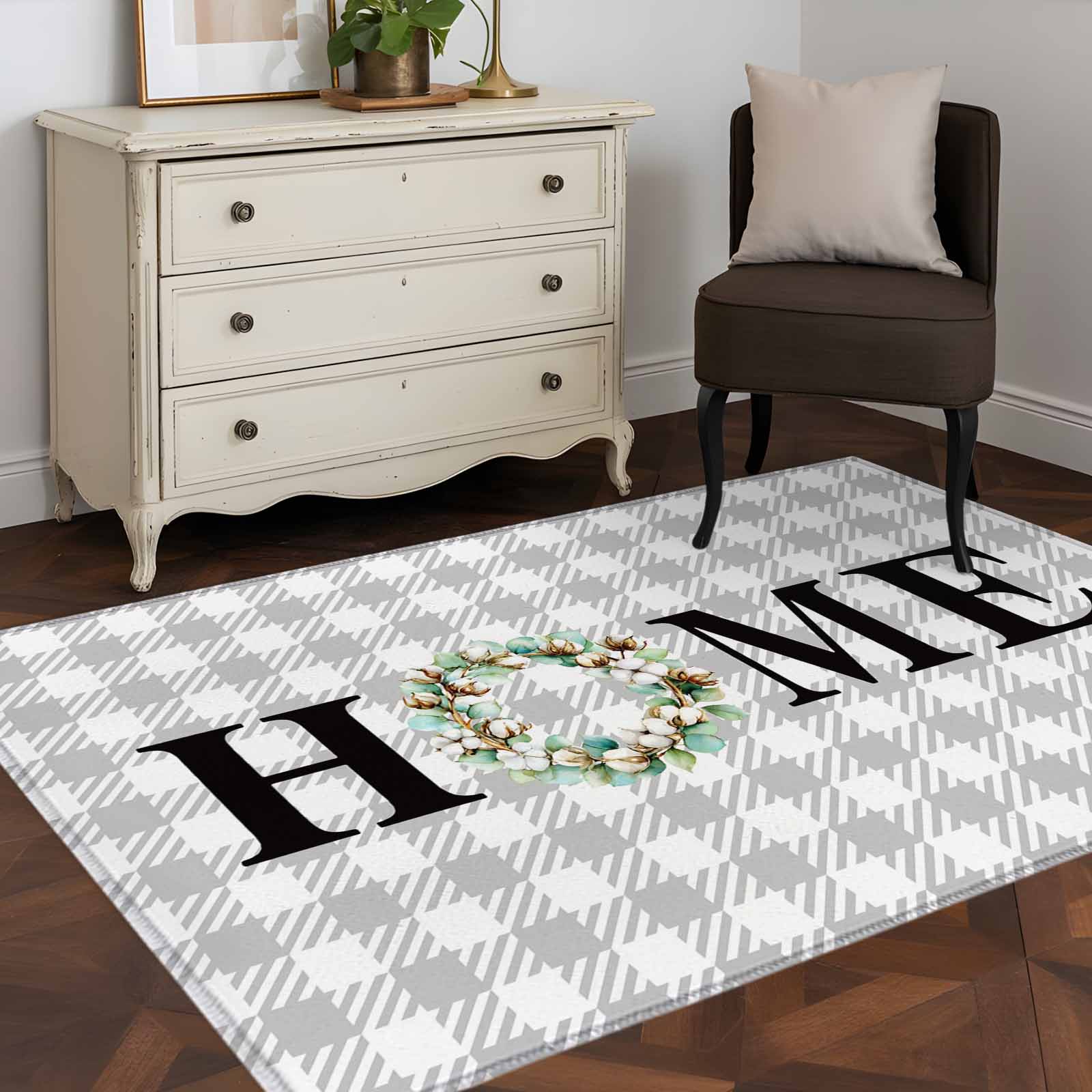Area Rug 48×72in, Spring Eucalyptus Leaf Wreath Home Quote Gray Plaid ...