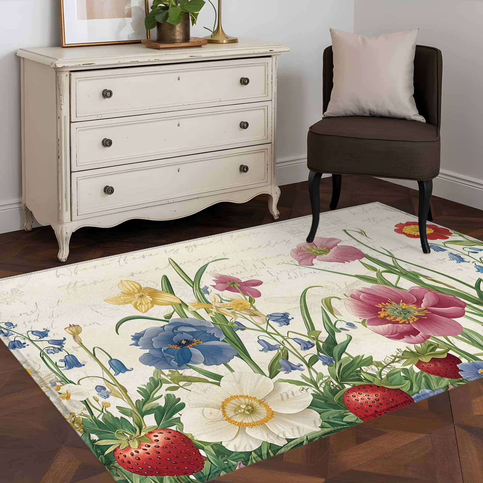 Area Rug 48×72in, Spring Flower Strawberry Green Leaves Floor Carpet ...